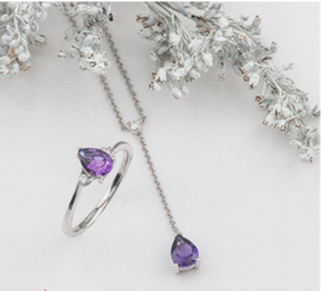 10K White Gold Genuine Pear Shape Amethyst and Canadian Diamond Pendant, 18&quot;