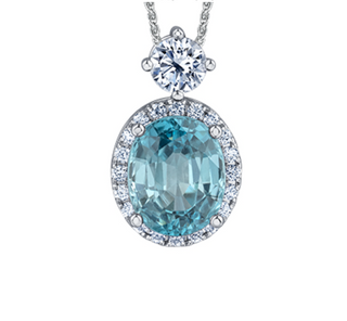 18K White Gold & Palladium Alloy(hypoallergenic) 12X10mm Genuine Oval Cut Blue Zircon and 1.04cttw Diamond Pendant