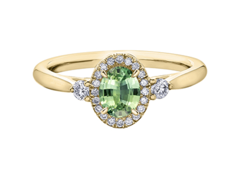 14k Yellow Gold 0.21cttw Canadian Diamond &amp; Oval Shape Green Sapphire Ring, size 6.5