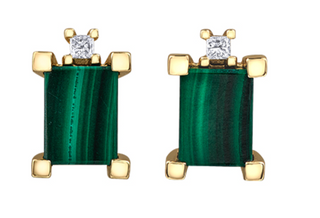10K Yellow Gold Genuine Malachite & 0.08cttw Canadian Diamond Stud Earrings