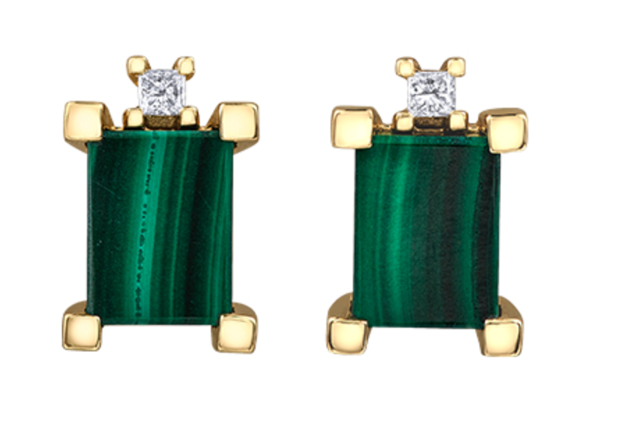 10K Yellow Gold Genuine Malachite &amp; 0.08cttw Canadian Diamond Stud Earrings