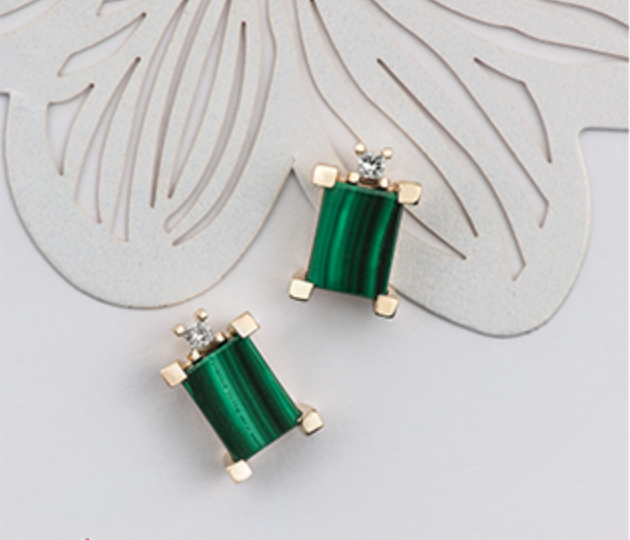 10K Yellow Gold Genuine Malachite &amp; 0.08cttw Canadian Diamond Stud Earrings