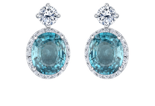 18K White Gold & Palladium Alloy(hypoallergenic) 12mmX10mm Genuine Oval Cut Blue Zircon and 2.08cttw Diamond Dangle Earrings
