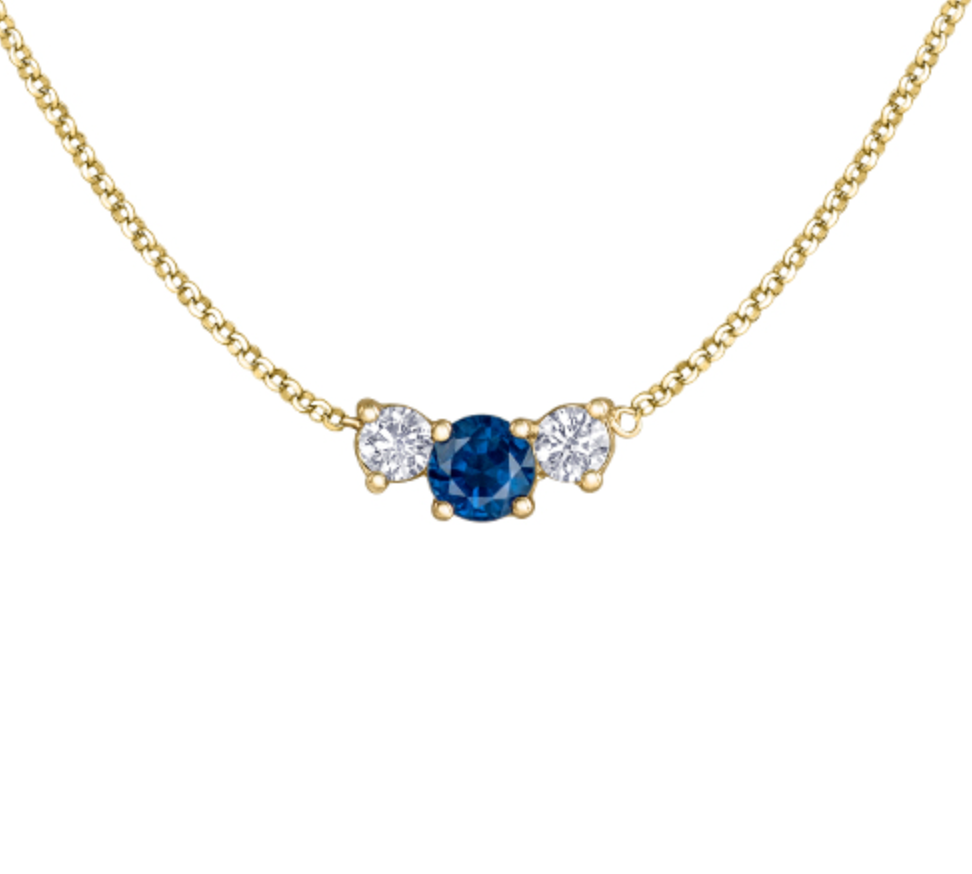 14K Yellow Gold Round Brilliant Sapphire &amp; 0.18cttw Canadian Diamond Necklace