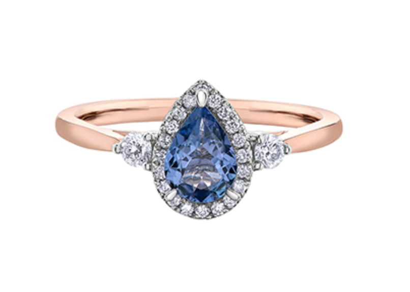 14K Rose Gold Genuine Pear Shape Tanzanite and 0.21cttw Canadian Diamond Ring, size 6.5