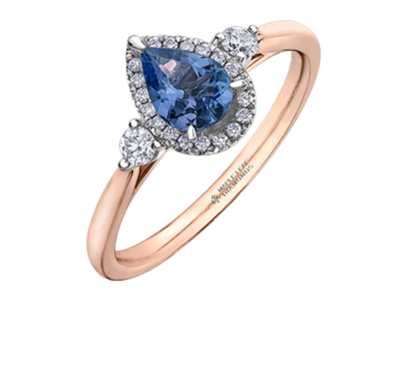 14K Rose Gold Genuine Pear Shape Tanzanite and 0.21cttw Canadian Diamond Ring, size 6.5