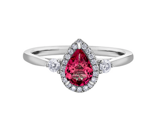 Anillo de oro blanco de 14 quilates con rubí auténtico en forma de pera y diamante canadiense de 0,21 quilates, tamaño 6,5