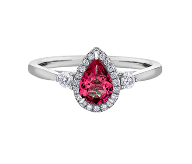 14K White Gold Genuine Pear Shape Ruby and 0.21cttw Canadian Diamond Ring, size 6.5