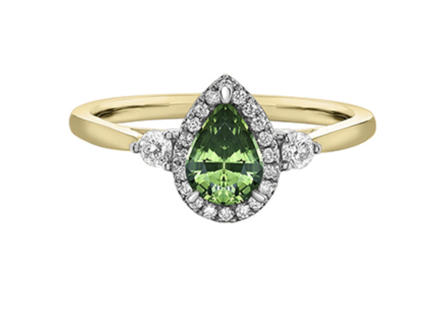 Anillo de oro amarillo de 14 k con forma de pera, zafiro verde y diamante canadiense, talla 6,5