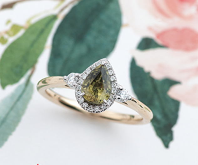 Anillo de oro amarillo de 14 k con forma de pera, zafiro verde y diamante canadiense, talla 6,5