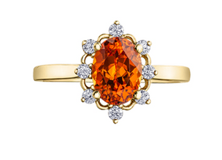 Anillo de oro amarillo de 14 quilates con granate espesartita auténtico y diamantes canadienses de 0,16 quilates, tamaño 6,5