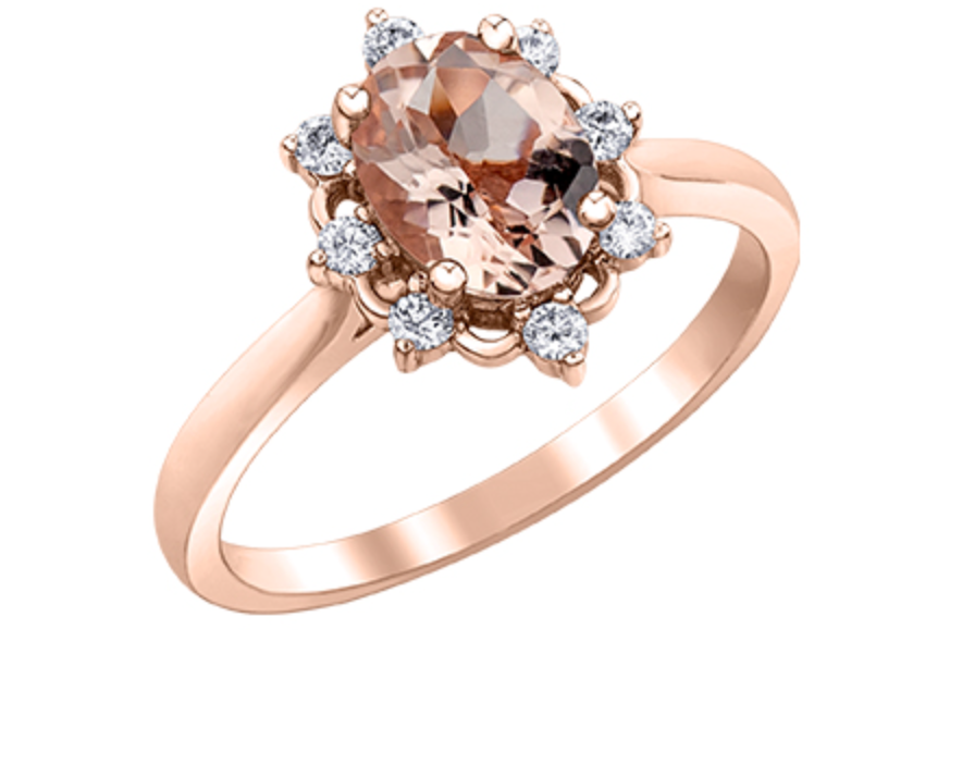 14K Rose Gold Genuine Oval Shape Morganite Canadian Diamond Ring, size