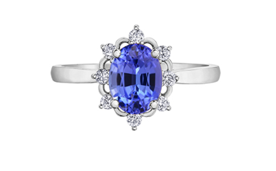 14K White Gold Genuine Oval Shape Tanzanite and 0.16cttw Canadian Diamond Ring, size 6.5