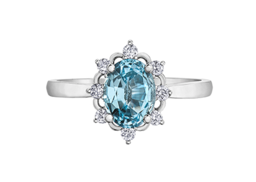 14K White Gold Genuine Oval Aquamarine and 0.16cttw Canadian Diamond Ring, size 6.5