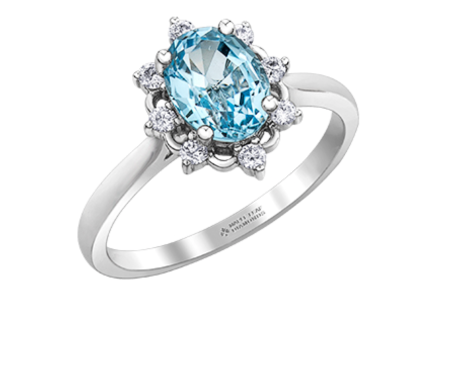 14K White Gold Genuine Oval Aquamarine and 0.16cttw Canadian Diamond Ring, size 6.5