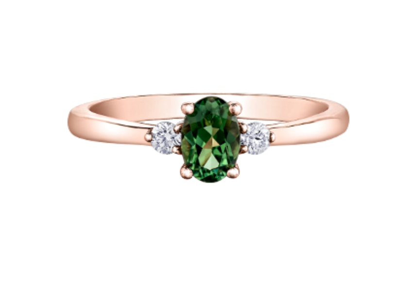 Anillo de oro rosa de 14 k con zafiro verde ovalado y diamante canadiense de 0,08 quilates, talla 6,5