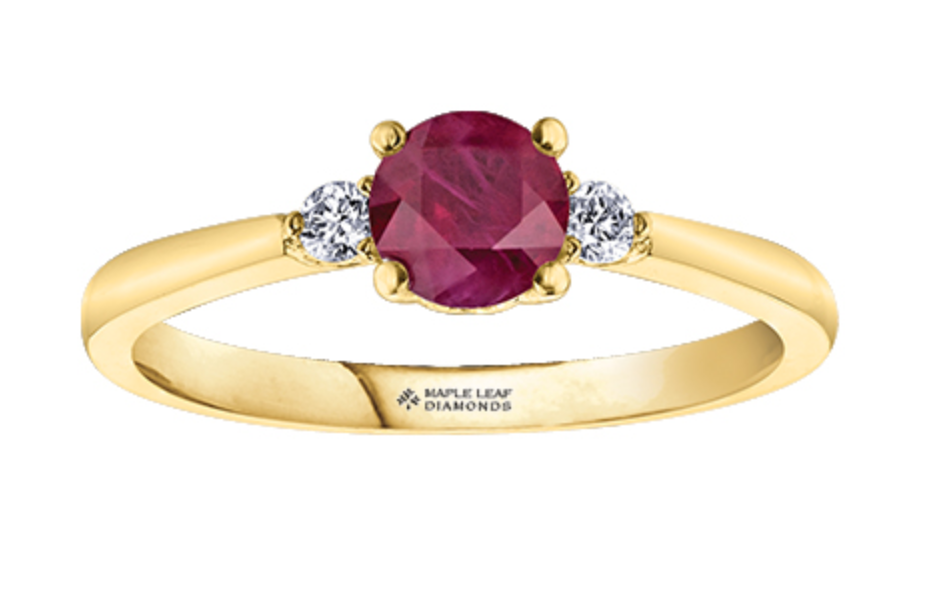 14K Yellow Gold Genuine Round Ruby and 0.08cttw Canadian Diamond Ring, size 6.5