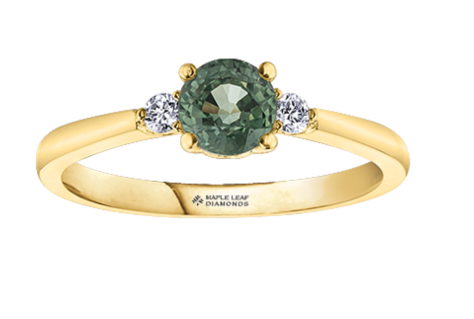 Anillo de oro amarillo de 14 k con zafiro verde redondo y diamante canadiense de 0,08 quilates, tamaño 6,5