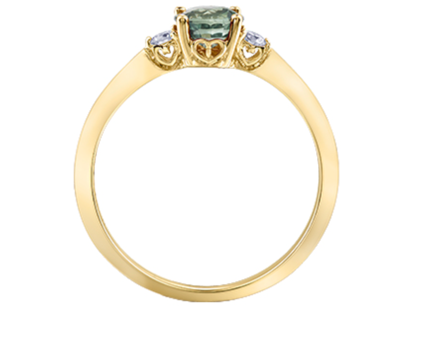 Anillo de oro amarillo de 14 k con zafiro verde redondo y diamante canadiense de 0,08 quilates, tamaño 6,5