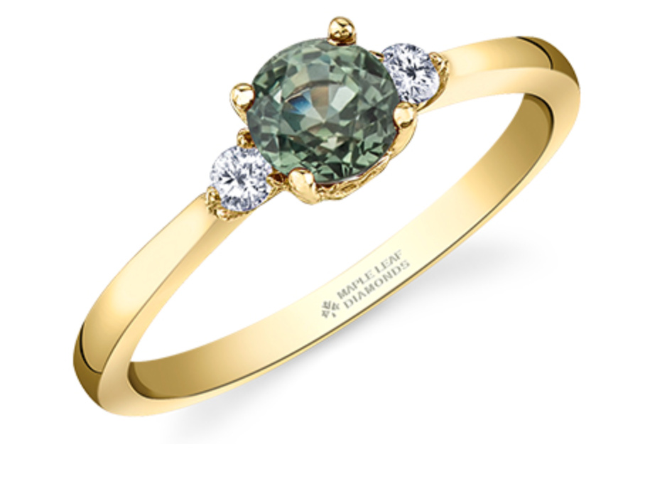 Anillo de oro amarillo de 14 k con zafiro verde redondo y diamante canadiense de 0,08 quilates, tamaño 6,5