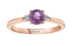 Anillo de oro rosa de 14 k con zafiro rosa redondo y diamante canadiense de 0,08 quilates, talla 6,5