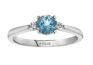 14K White Gold Genuine Round Aquamarine and 0.08cttw Canadian Diamond Ring, size 6.5