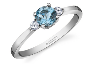 14K White Gold Genuine Round Aquamarine and 0.08cttw Canadian Diamond Ring, size 6.5