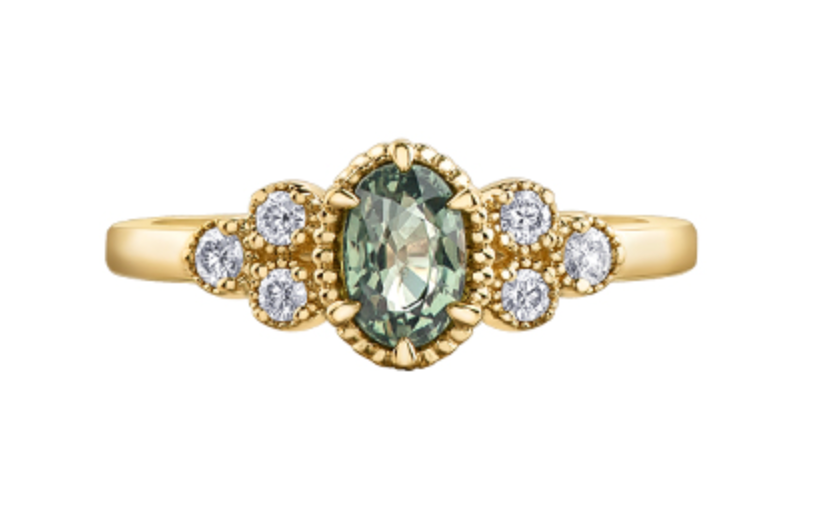 Anillo de oro amarillo de 14 k con zafiro verde ovalado y diamante canadiense de 0,14 quilates, tamaño 6,5