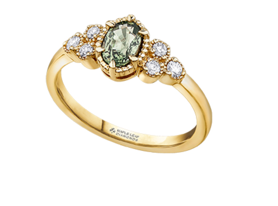 Anillo de oro amarillo de 14 k con zafiro verde ovalado y diamante canadiense de 0,14 quilates, tamaño 6,5