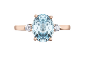 14K Rose Gold Genuine Aquamarine and 0.08cttw Canadian Diamond Ring, size 6.5