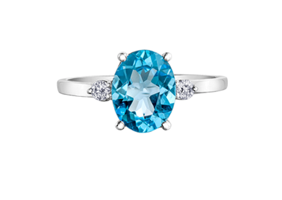 14K White Gold Genuine Blue Topaz and 0.08cttw Canadian Diamond Ring, size 6.5