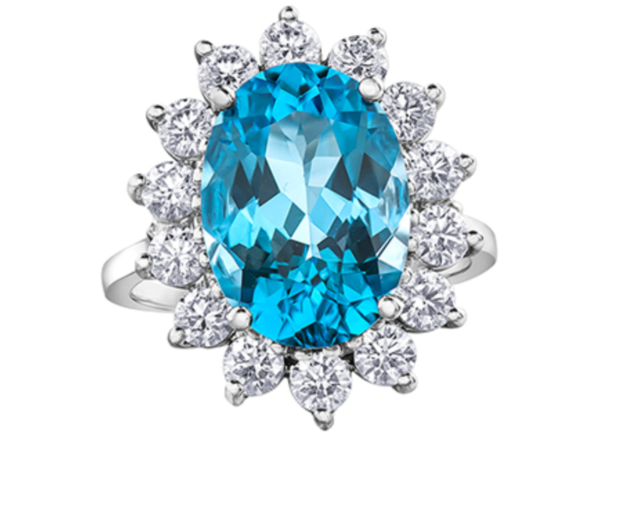 14K White Gold Genuine Blue Topaz and 0.84cttw Canadian Diamond Ring, size 6.5