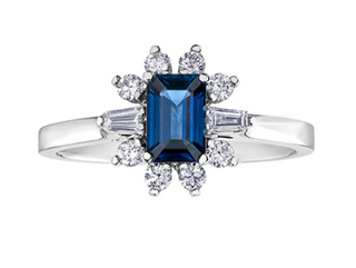14k White Gold Emerald Shape Blue Sapphire & 0.27cttw Canadian Diamond Ring, size 6.5