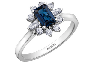 14k White Gold Emerald Shape Blue Sapphire & 0.27cttw Canadian Diamond Ring, size 6.5