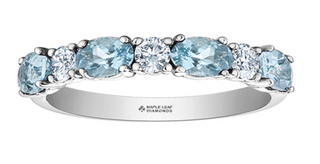 14K White Gold Genuine Round Aquamarine and 0.24cttw Canadian Diamond Ring, size 6.5