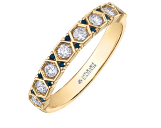 14k Yellow Gold Blue Sapphire & 0.32cttw Canadian Diamond Ring, size 6.5