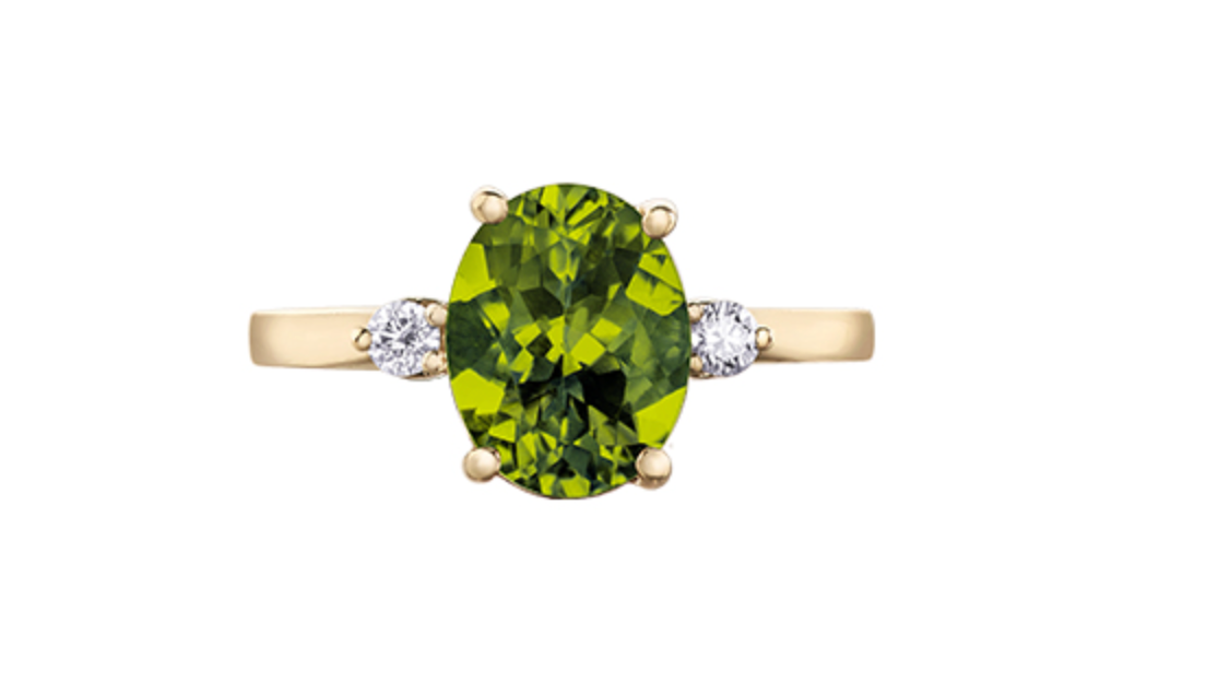 14K Yellow Gold Genuine Peridot and 0.10cttw Canadian Diamond Ring, ring size 6.5