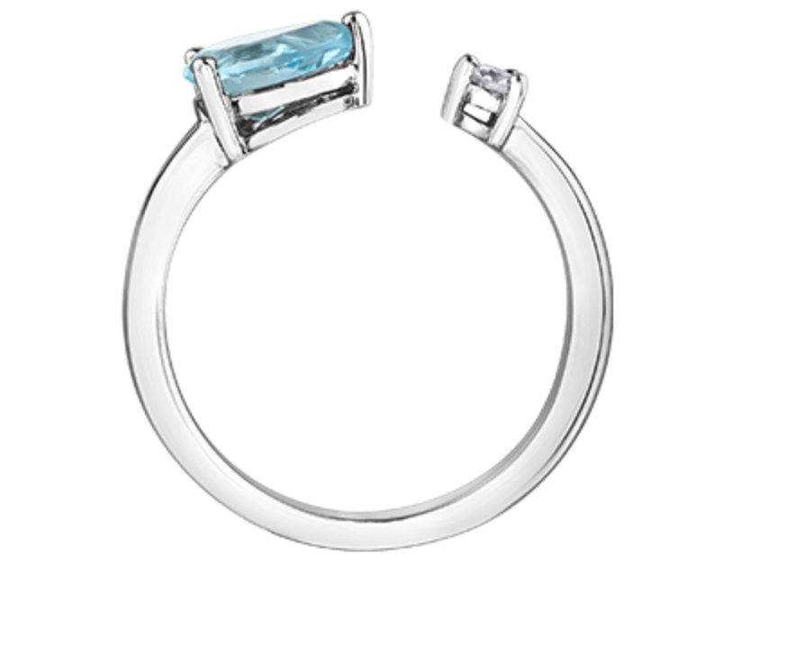 14K White Gold Genuine Aquamarine and 0.04cttw Canadian Diamond Ring, size 6.5