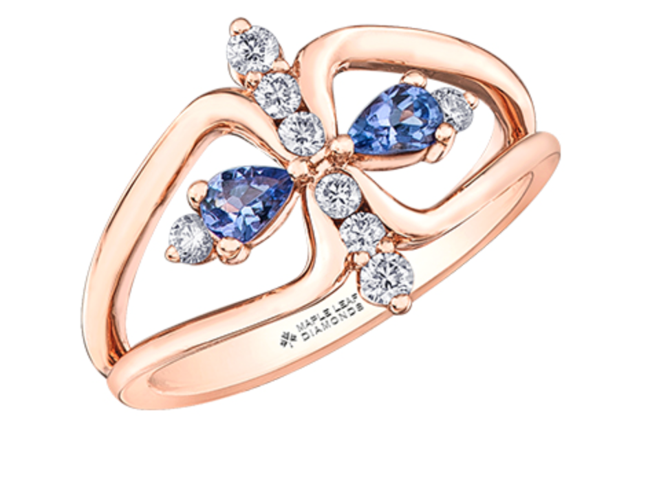 14K Rose Gold Genuine Pear Shape Tanzanite and 0.18cttw Canadian Diamond Ring, size 6.5