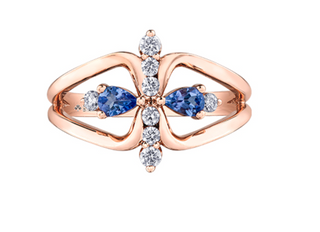 14K Rose Gold Genuine Pear Shape Tanzanite and 0.18cttw Canadian Diamond Ring, size 6.5