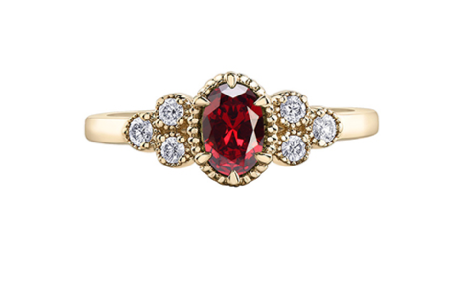 14K Yellow Gold Genuine Round Ruby and 0.14cttw Canadian Diamond Ring, size 6.5
