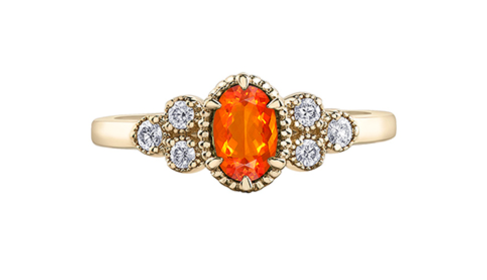 14K Yellow Gold Genuine Fire Opal and 0.14cttw Canadian Diamond Ring, size 6.5