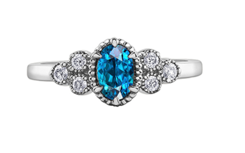 14K White Gold Genuine Blue Zircon and 0.14cttw Canadian Diamond Ring, size 6.5