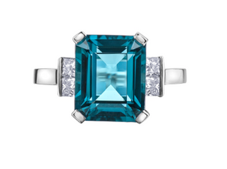 14K White Gold Genuine London Blue Topaz and 0.32cttw Canadian Diamond Ring