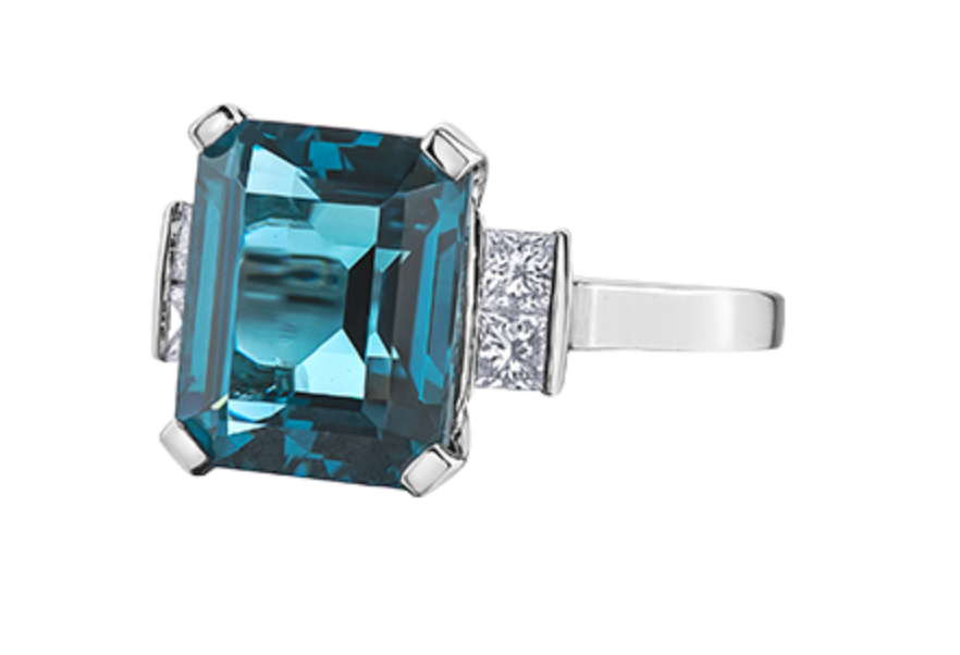 14K White Gold Genuine London Blue Topaz and 0.32cttw Canadian Diamond Ring, size 6.5