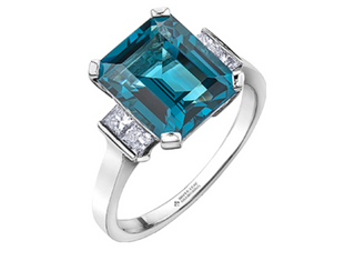 14K White Gold Genuine London Blue Topaz and 0.32cttw Canadian Diamond Ring
