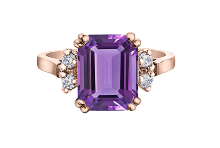14K Rose Gold Genuine Amethyst and 0.16cttw Canadian Diamond Ring, size 6.5
