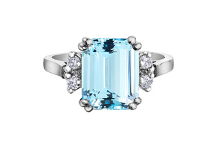 14K White Gold Genuine Aquamarine and 0.16cttw Canadian Diamond Ring, size 6.5