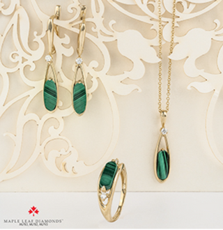 10K Yellow Gold Genuine Malachite & 0.08cttw Canadian Diamond Dangle Stud Earrings