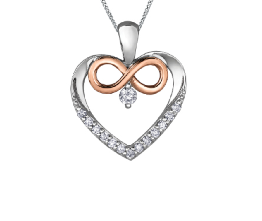 Collar con forma de corazón de diamantes canadienses brillantes redondos de 0,09 quilates en oro blanco y rosa de 10 quilates